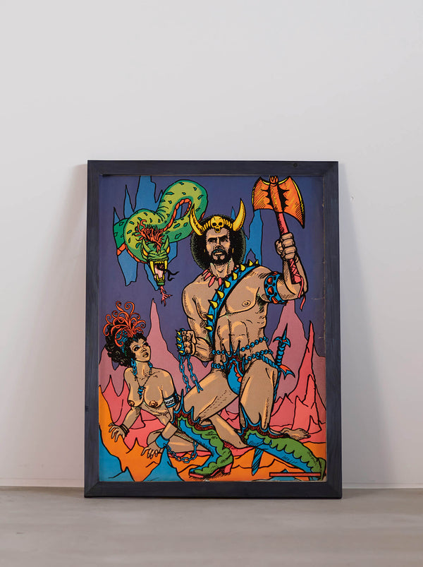 琉球藍染ポスターフレーム W580 x H780(レジン/木製) x Vintage Black Light Poster【BLACK WARRIOR】