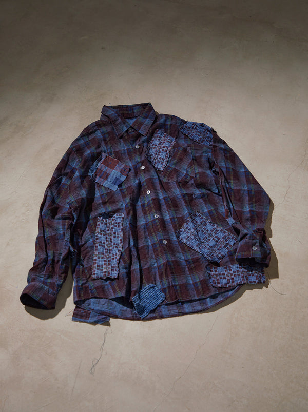 Ryukyu indigo dyed FLANNEL PATCHWORK CHECK SHIRT